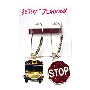 Betsey Johnson Stop Sign and Bus Dangle Earrings Mismatch Red Yellow